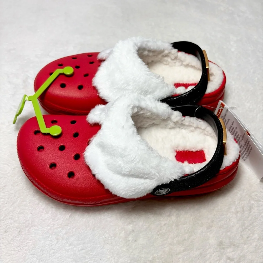 CROCS Classic Lined Santa Christmas‎ Red Clogs White Lining and Black Strap J2